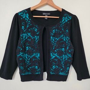 INC Lace Whimsigoth Cardigan Sz L Petite Black Puff Dark Coquette Granny Sweater